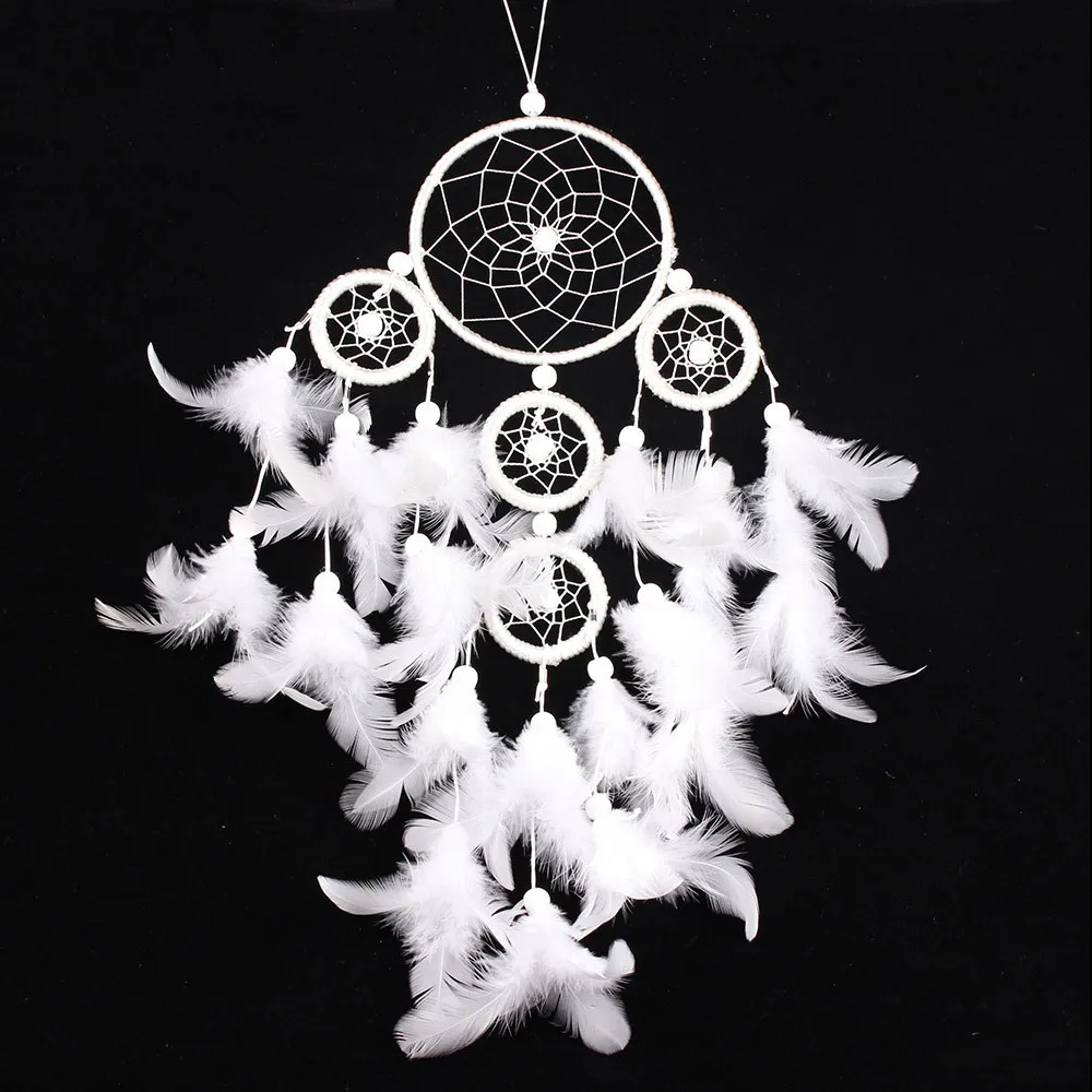 Indian Five-Ring White Feather Dream Catcher Birthday Gift Home Ornaments Handmade Weaving