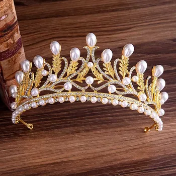 

GETNOIVAS Gold Crystal Pearl Bride Tiaras Crown de Noiva Rhinestone Leaf Diadem Headpiece Jewelry Wedding Hair Accessories SL