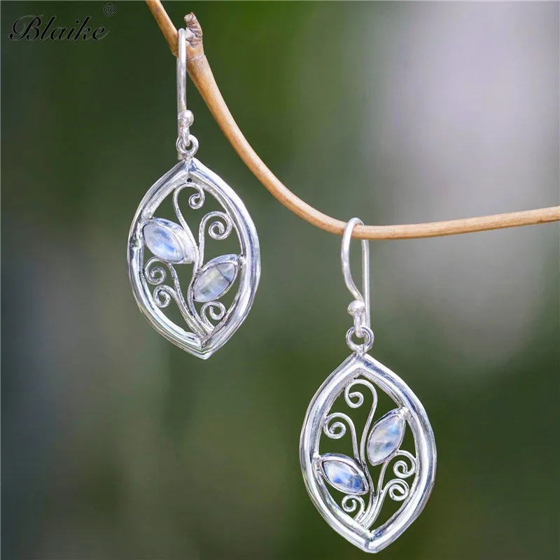 

Blaike Eden Leaf Moonstone Drop Earrings for Women Vintage 925 Sterling Silver Filled Boho Dangle Jewelry Birthstone Party Gifts