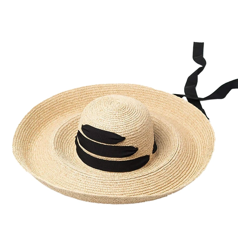 

Black Bandage Ribbon Ladies Raffia Hat Roll Up Kentucky Derby Sun Hat Large Wide Brim Summer Beach Straw Hat