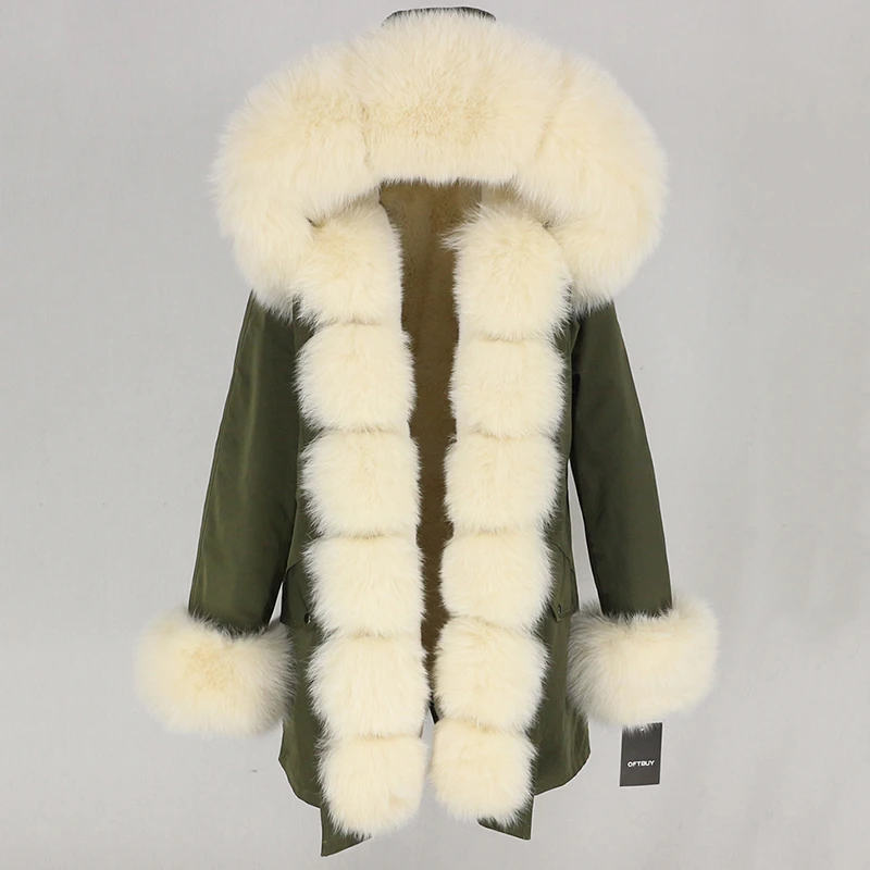 green beige Женская парка с натуральным лисьим мехом OFTBUY, бежевое пальто с отделкой из лисьего меха, свободная длинная парка, верхняя одежда со съемным мехом, зима - Цвет: green beige