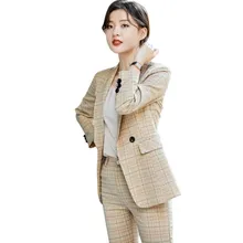 Women's Slim Fit Pants and Blazers Korean Two Piece Office Ladies Suits Plaid Elegant Woman Work Wear Pant Suit Women Pantsuits