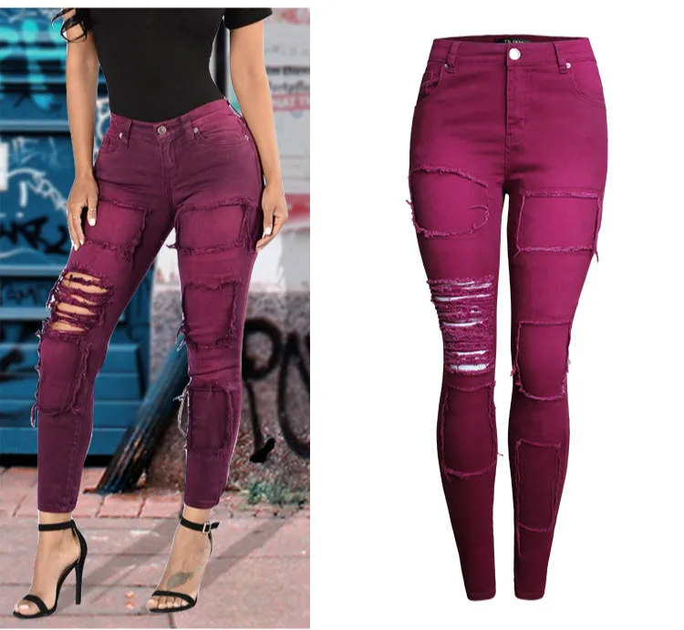 LOGAMI женские джинсы стрейч рваные Patechwork женские джинсы брюки женщина тонкий карандаш брюки цвет красного вина