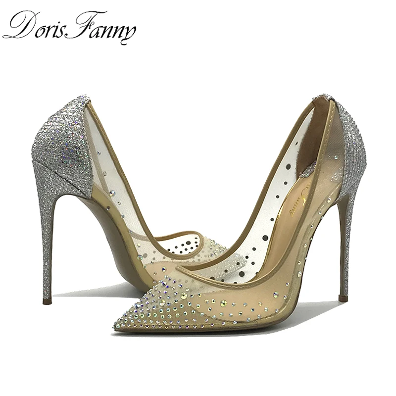 Дорис Fanny пикантная женская обувь вечерние острый носок стразы на каблуке; серебристые женские туфли на высоком каблуке женские туфли-лодочки на высоком каблуке 12 см свадебные туфли; размер 43 размер