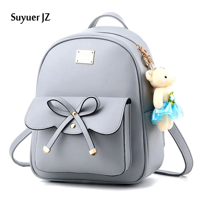 2017 Suyuer JZ Preppy Style Women Bow tie Schoolbag Bookbag Backpack Ladies Vintage Solid Color Shoulder