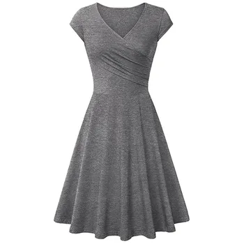 

Pleated Slim Summer Dress New V Neck Soft Short Sleeve Dress Elegant Fit And Flare Knee Length Cotton Dress
