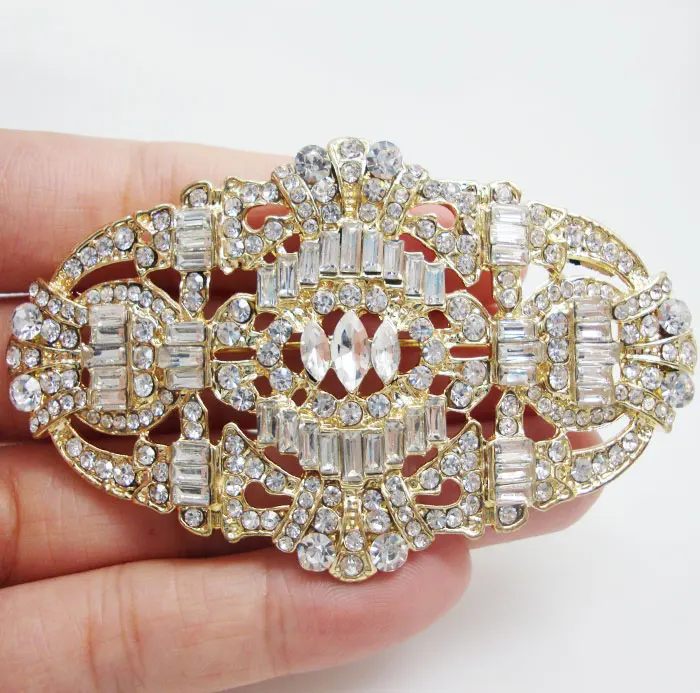 

Gold Tone Art Deco Buckle Crown Brooch Pin Clear Austrian Rhinestone Crystal