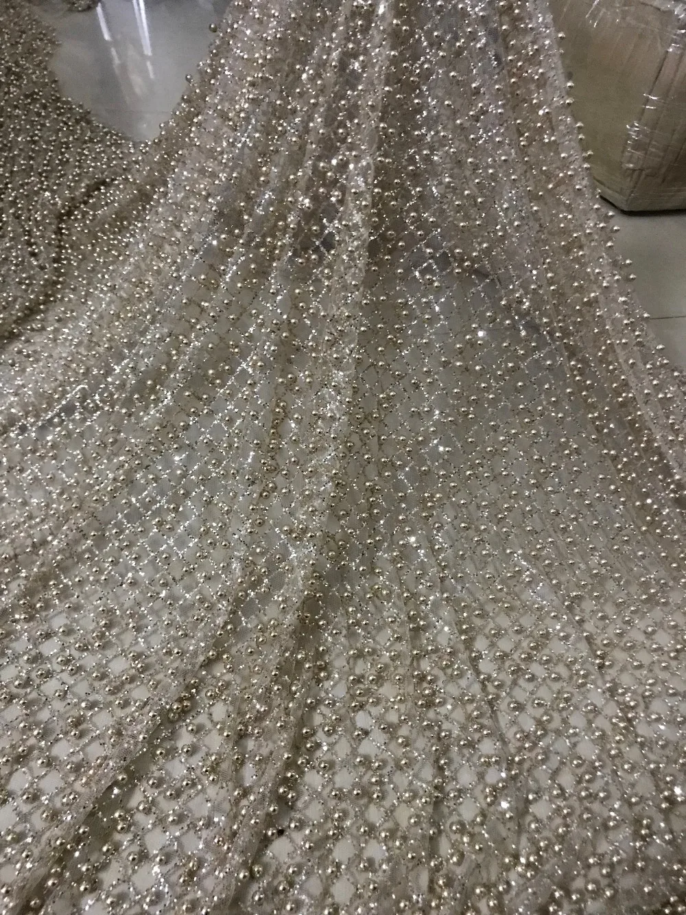 

Embroidered Net Fabric with beads With super Quality Sat-4.2511 African Tulle Lace Fabric For party Dress