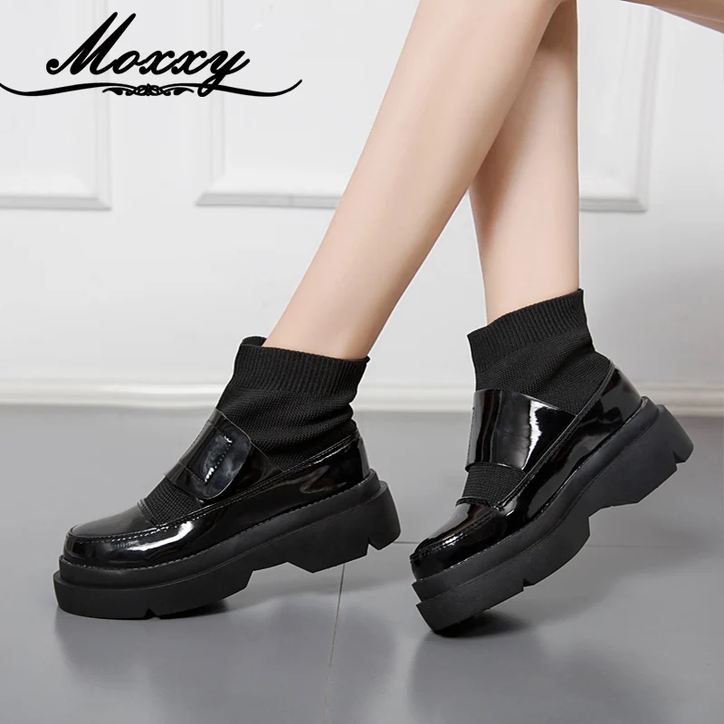 

Moxxy Winter Retro Genuine Leather Socks Boots Women Platform Flats Shoes Woman Ankle Boots Hook&Loop Thick Heels Boats Mujer