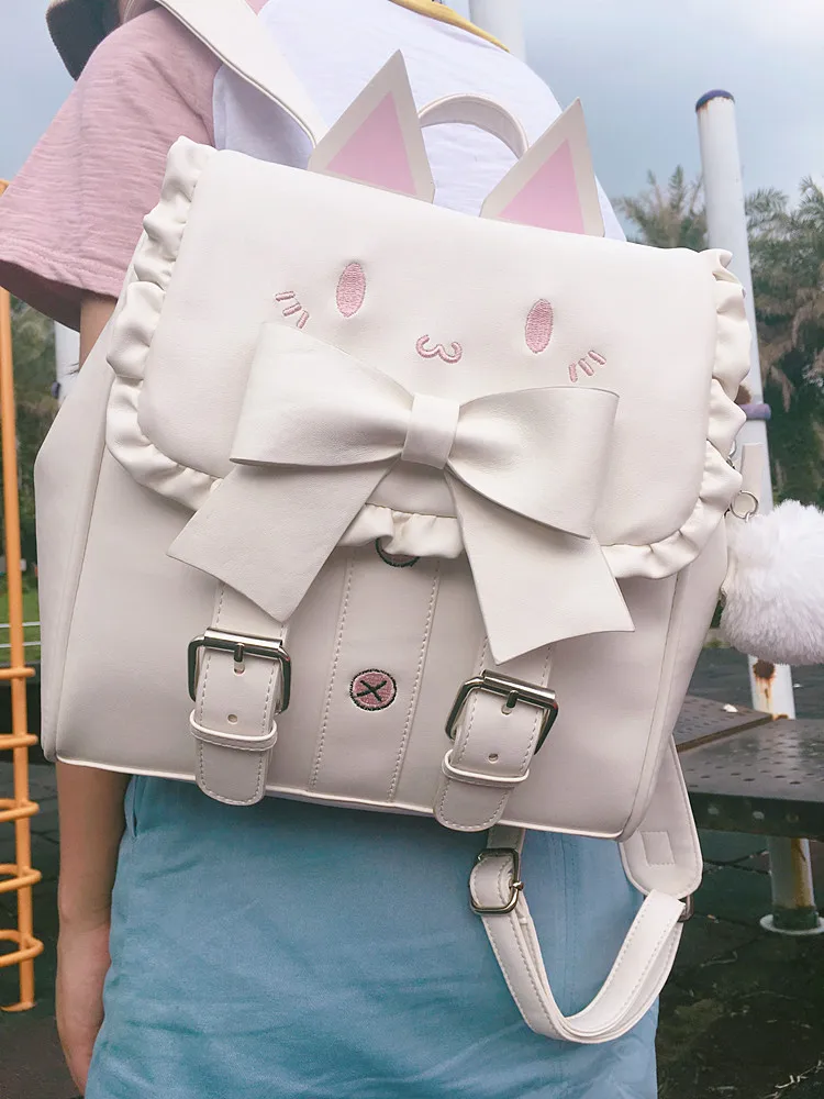 Японский милый рюкзак с котом и бантом, школьный женский милый рюкзак с вышивкой кота для девочек-подростков, забавные кошачьи ушки, сумки на плечо