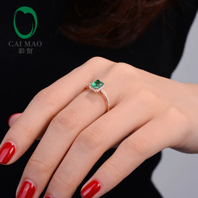 Caimao 14k Rose Gold Halo Diamond Ring 0.74ct Natural Green Emerald Engagement Jewelry for Women