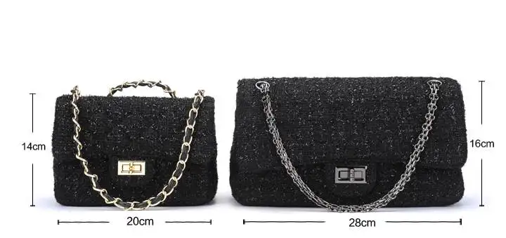 Твид цепи сумка маленькая сумка с клапаном для женщин вязание вечерние сумки из натуральной кожи модный бренд леди черная сумка сумки через плечо