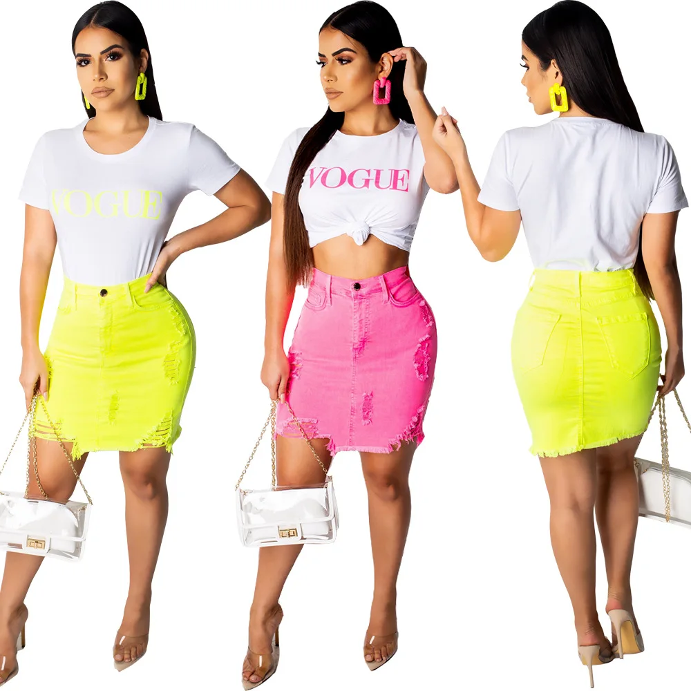 Новые летние модные женские рваные джинсовые юбки Street Wear карамельный цвет Высокая талия Destroy посылка пакет бедра мини юбка LS3533