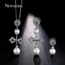 NEWBARK Retro Simulated Pearl Bowknot Necklace Earring Sets Silver Color Cubic Zirconia Pendant Necklace And Earring