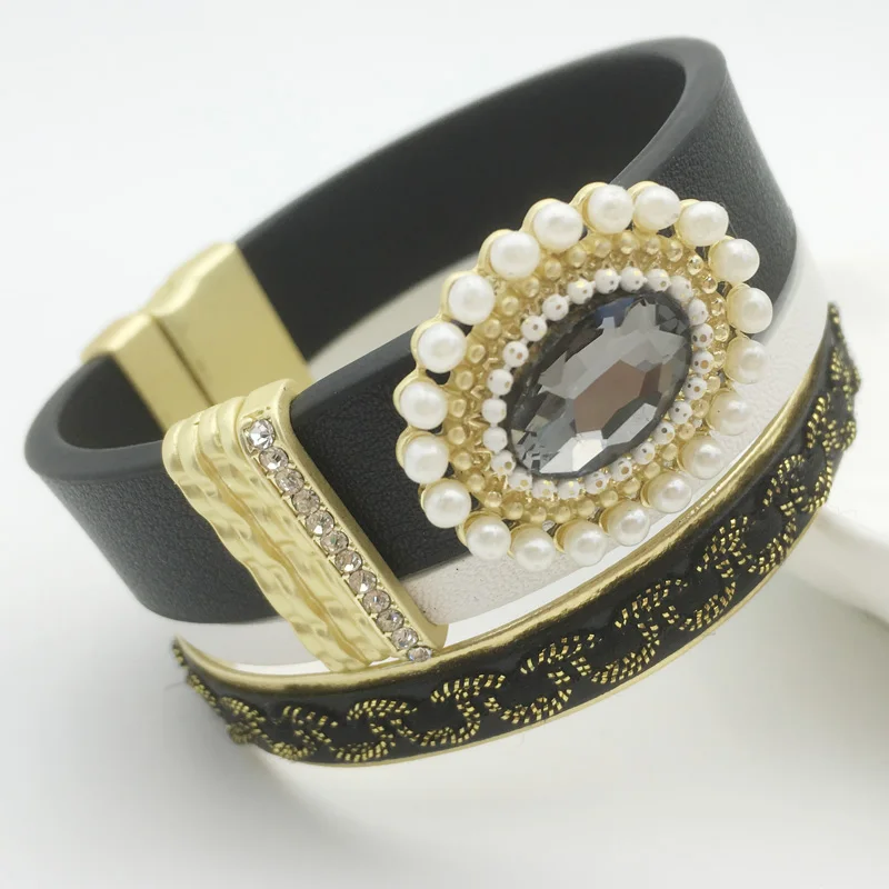 

LEMOER Trendy Fashion Oval Gem Pearl Rhinestone Magnetic Leather Bracelets & Bangles Jewelry for Women men pulseira feminina