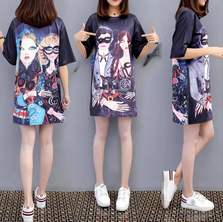 Fashion Summer Oversized Loose Dress Women Plus Size O Neck Half Sleeves Printed Casual T Shirt Dress Streetwear Mini Dress - Цвет: A10