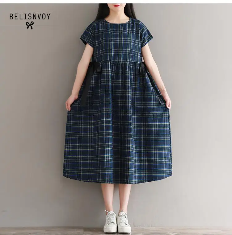 

Mori Girl Summer Women Dresses Cotton Linen Casual Loose Vestidos Navy Short Sleeve Vintage Plaid Female Dress Tunics