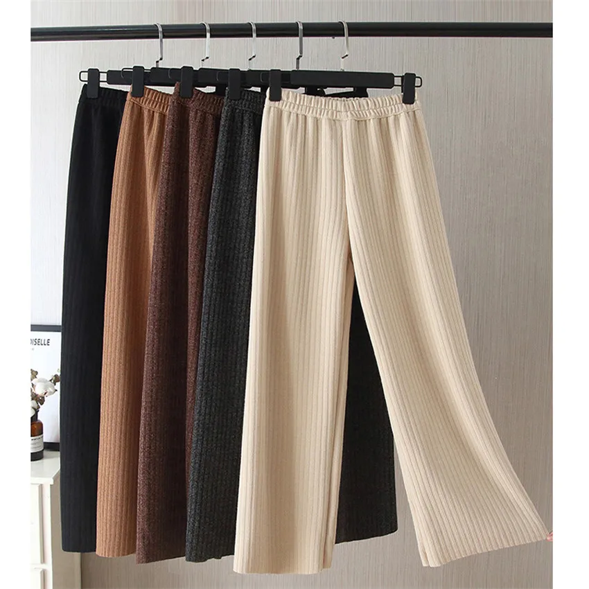 

2018 Autumn Winter Soft Comfortable Women Thick Knitted Pants Female Pure Knitted Wide Leg Pants Casual Loose Knitted Pants 635