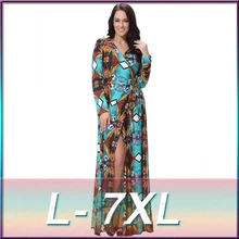 Women V Neck Long Wrap Dresses Fall Vintage Geometric Print Open Fork Split With Belt Maxi Dress L-7XL Plus Size Vestido Longo