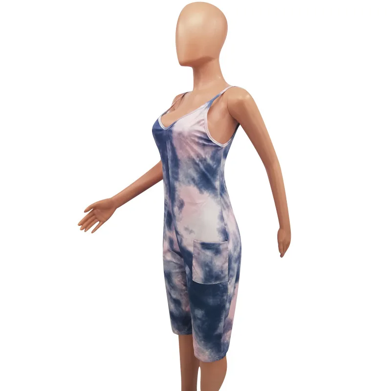 Tie Dye принтом пикантные цельнокройный комбинезон Для женщин Спагетти ремень с открытой спиной Большие размеры комбинезон Лето Глубокий V миди без рукавов ASOS