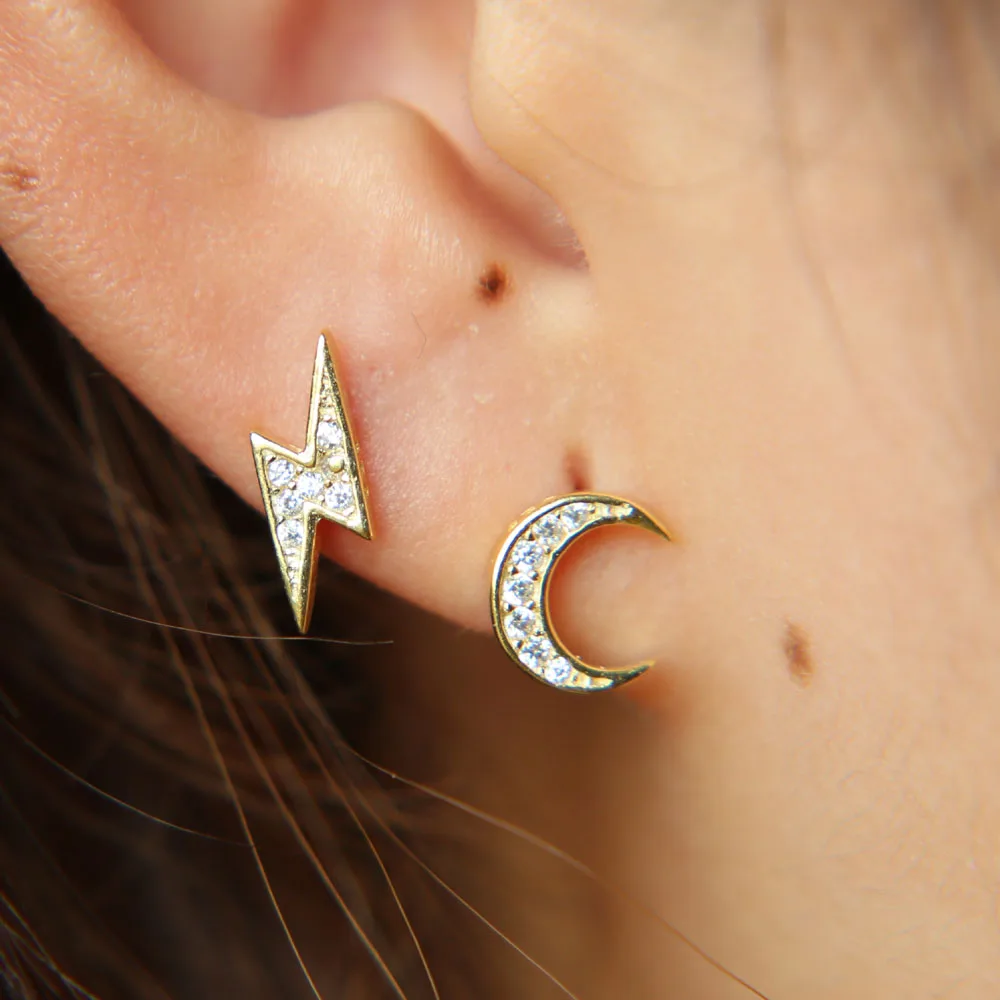 2018 Promotion Earrings Silver 925 Christmas Gift Dainty Studs Pave Cz Flash Delicate Girl Women Double Uneven Cute Earring (5)