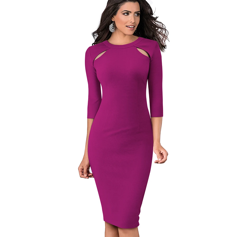 

Elegant Holes Autumn Spring O-Neck Casual Solid Color Wear to Work Cut Out Office Women Dress EB488