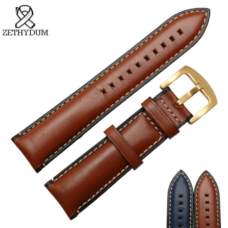 

Leather bracelet Genuine leather stitched watch strap 20 22 24mm mens wristwatches band blue brown color watch belt pin clasp