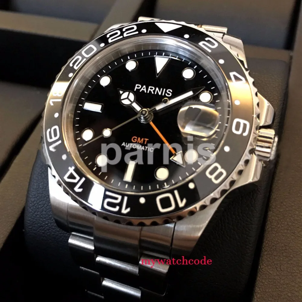 Online 40mm esfera negra PARNIS luminoso cristal de zafiro bisel de cerámica GMT reloj automático para hombre marca de lujo relojes mecánicos superiores