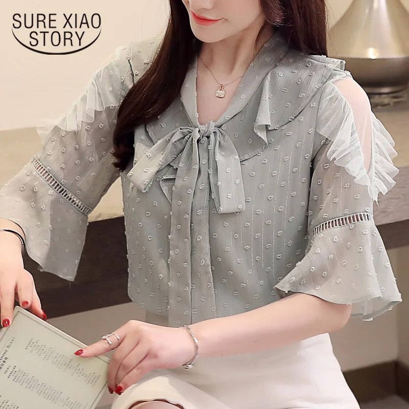 women's summer blouse 2019 bow collar chiffon women blouse shirts flare sleeve plus size blouse womens top and blosues 3414 50