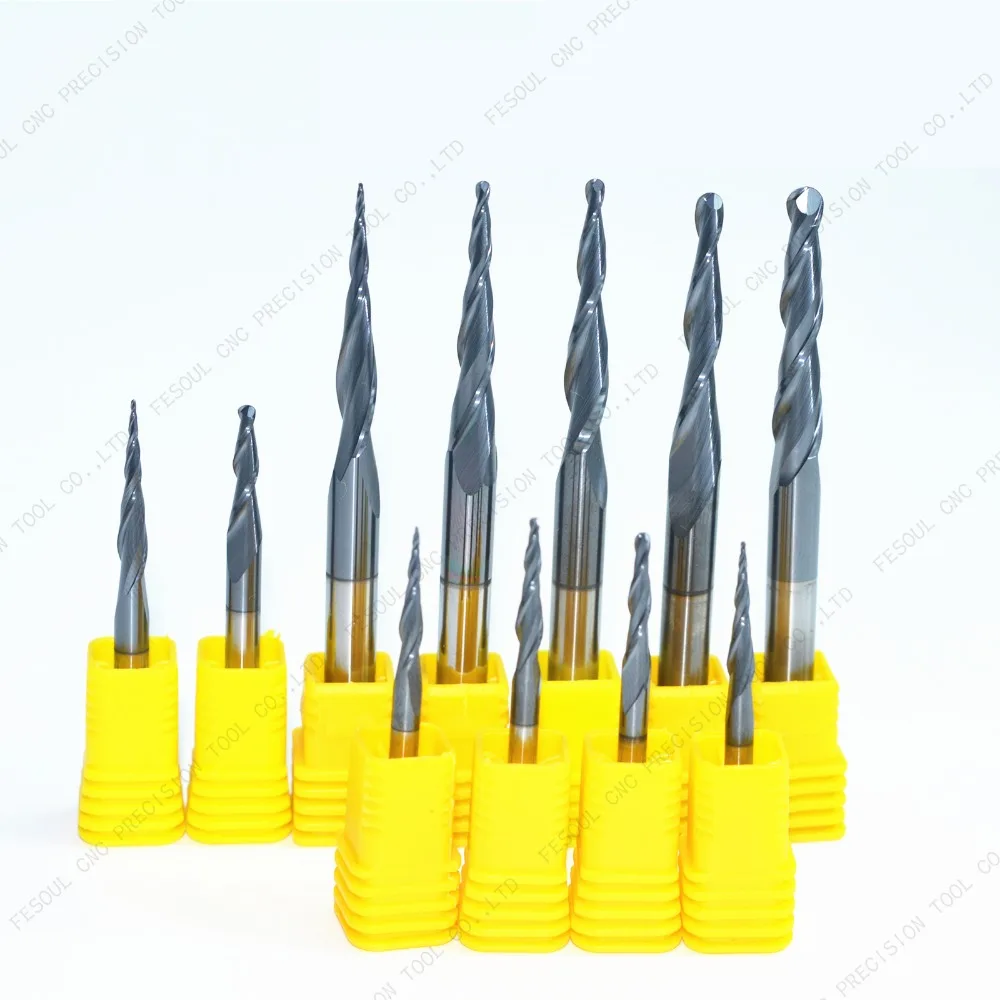 

R0.25 R0.5 R0.75 R1.0 R1.5 R2.0-2PCS,CNC solid carbide woodworking router bit,TiALN HRC55 tapered ball nose end mill,Cone bit