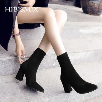 

HIBISMIX 2019 Fashion Chunky Heels Boots Spring Autumn Ladies Pointed Toe Mid Calf Boots Stretch Fabric Women Heeled Shoes 1201