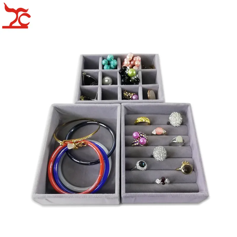 3 MIX TRAY Многофункциональный маленький серый бархатный ящик для шкафа, органайзер для ювелирных изделий, чехол, деревянное кольцо, браслет, ожерелье, сережка, лоток для хранения - Цвет: 3 MIX TRAY