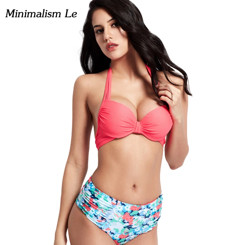 Minimalism Le 2017 Sexy Cross Bandage Bikini New Halter Top Women Swimwear Solid Swimsuit Patchwork Print Bathing Suits BK002 |