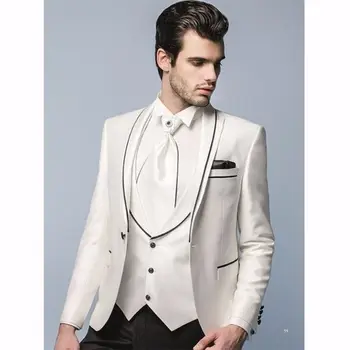 

2016 Classic Design Ivory And Black Men Dinner Party Prom Suits Groom Tuxedos Groomsmen Man Blazer Suits (Jacket+Pants+Vest+Tie)