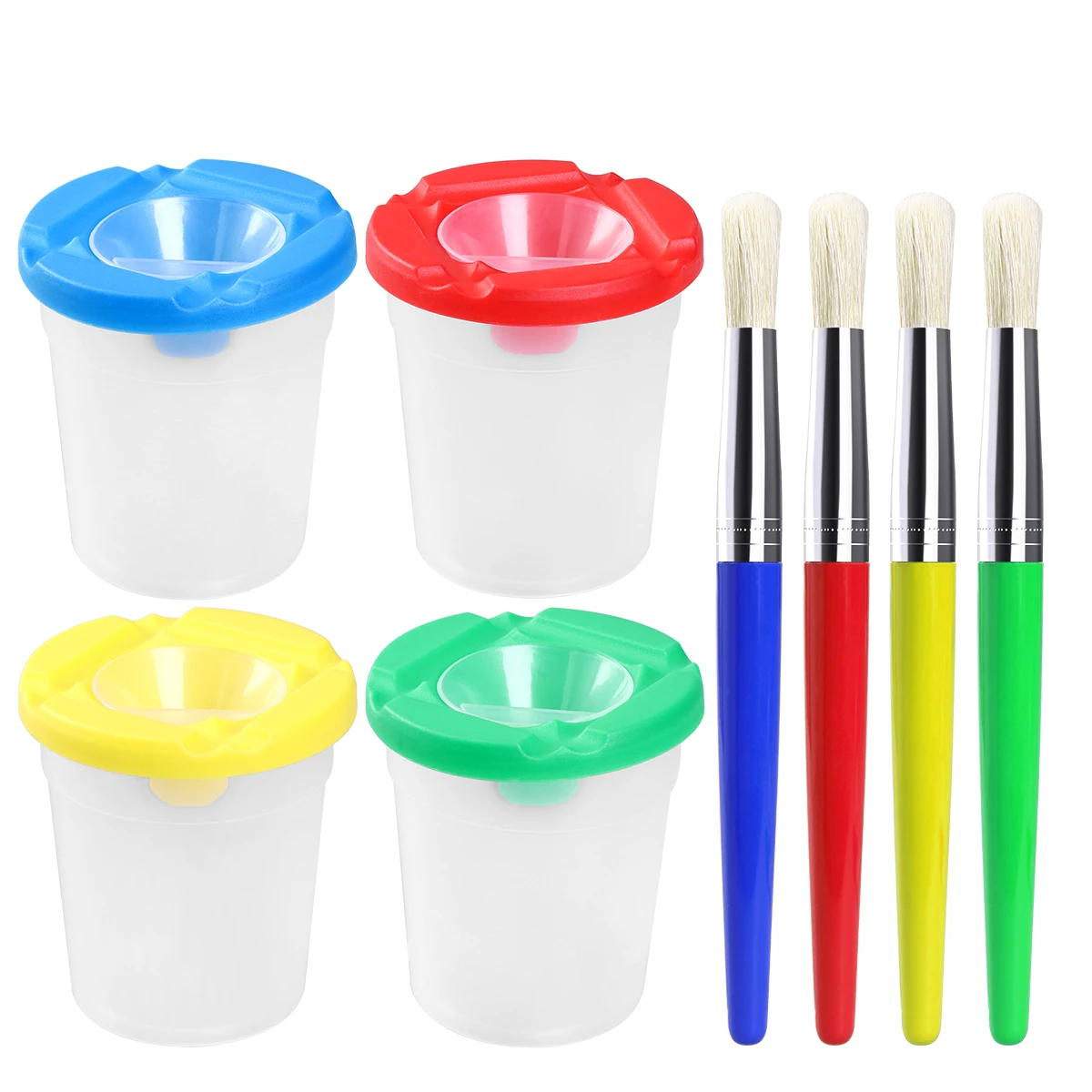 4 Pcs Spill Proof Paint Cups And 4 Pcs Assorted Colored Brushes Setin