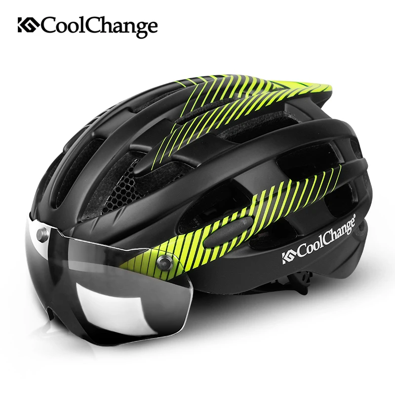 

CoolChange Cycling Helmet With Light Windproof Glasses Bike Helmet MTB Insect Net Integrally Molded Men Women Bicycle Helmet