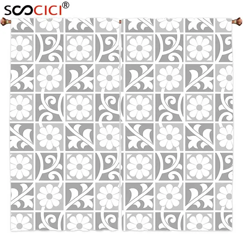 

Window Curtains Treatments 2 Panels,Silver Floral Ornaments Blooming Flowers in Squares Royal Abstract Art Themed Pattern