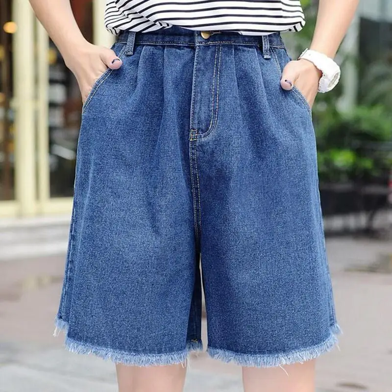 deep blue Летние женские повседневные джинсовые шорты до колена Harajuku с широкой талией, белые джинсовые винтажные шорты с бахромой - Цвет: deep blue