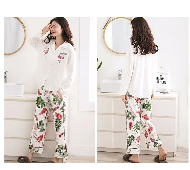 Cartoon Flamingo Spring Pajama Sets Mujer Pajamas Set Homewear Long Sleeve Elastic Waist Loose pyjamas Feminino pyjamas S89208