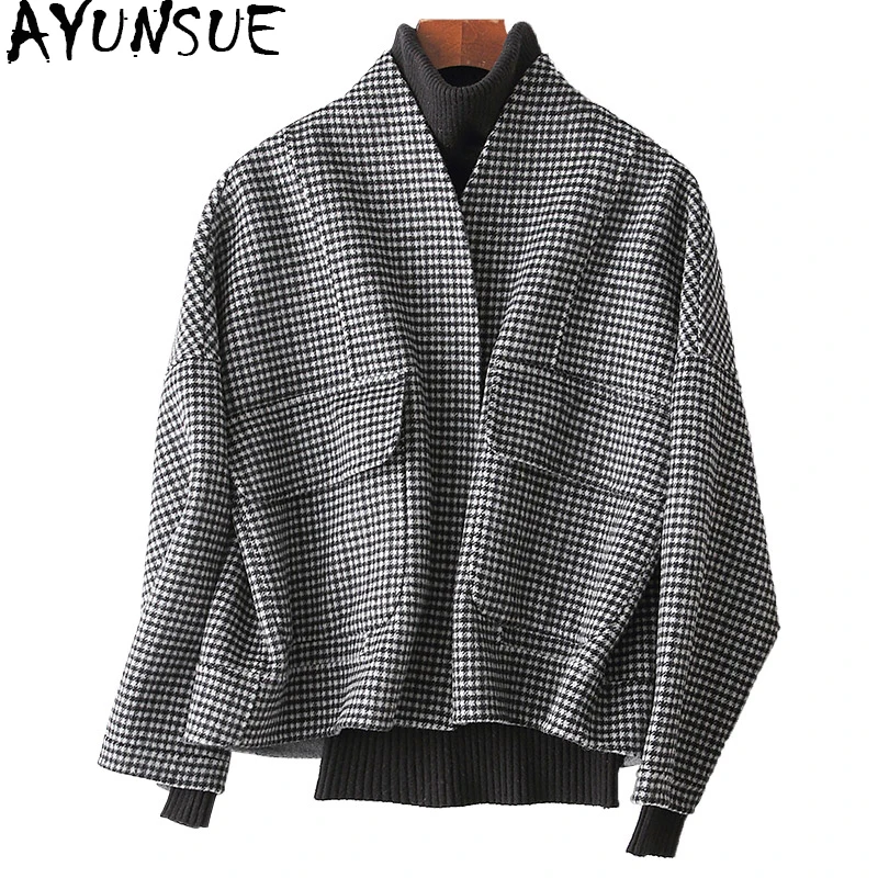 

AYUNSUE 2019 Women Short Wool Coat Pockets Houndstooth Plaid Autumn Winter Cloak Jacket Double-sided Woolen Coats 38008 WYQ1765
