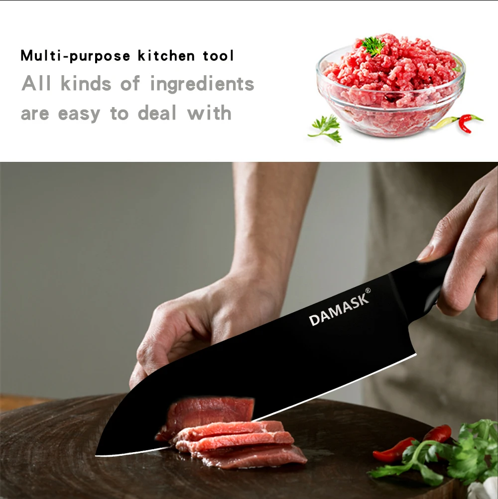 Дамасский Набор ножей шеф-повара 4Cr14mov ножи из нержавеющей стали Кливер Santoku Универсальный высокопрочный черный кухонный нож инструменты для приготовления пищи