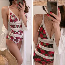 KEKAKA летний корейский винтажный принт с красными розами цельный купальник женский сексуальный пуш-ап кружевной вязаный купальник 1 шт. купальный костюм