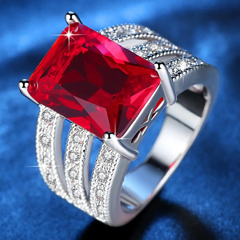 

Sparkling Exquisite Red Stone Rhodium Plated Micro Pave Cubic Zirconia Ring for Women Ladies Party Jewelry B52