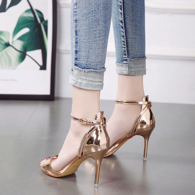 Gold and silver Fine belt Buckle summer new small fresh high-heeled shoes with thin and sexy toes Women sandals Women's Shoes