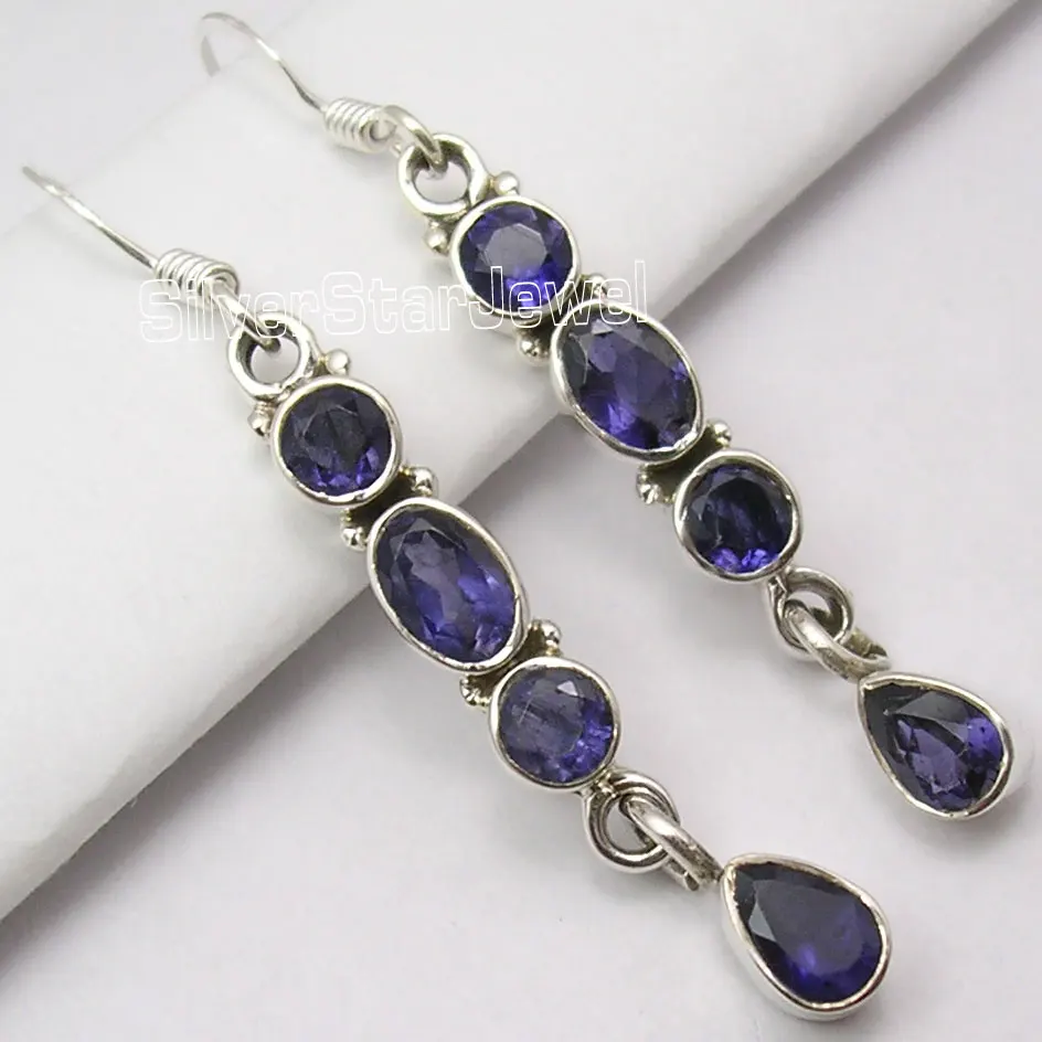 Multi Gem DANGLING Earrings Solid Silver IOLITE LONG Earrings 4 7 CM