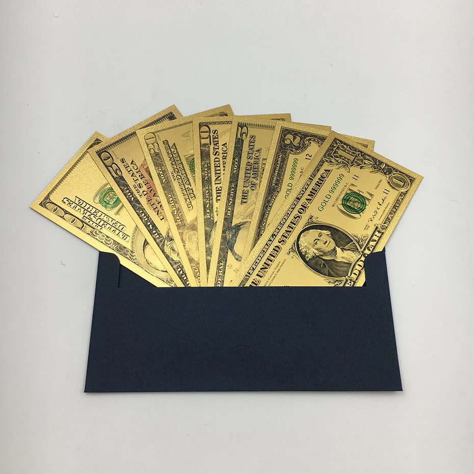 7 шт./компл. американские деньги в золотом цвете отделение для банкнот-1 2 5 10 20 50 100 долларовые банкноты в 99.9% Позолоченные поддельные деньги для коллекции