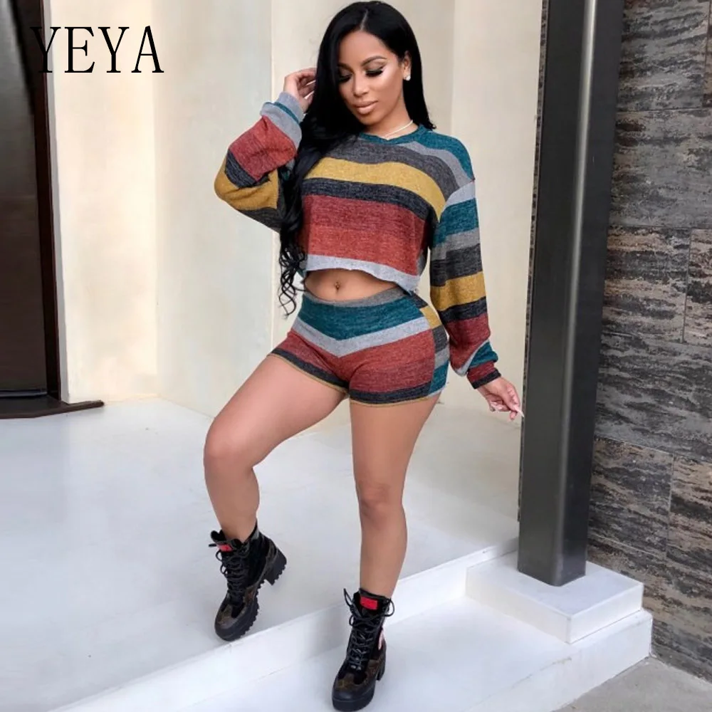 YEYA Big Size Striped Playsuit Autumn Spring Long Sleeve Casual Women Rompers Jumpsuit Short Pants Two Piece Set Overalls Female