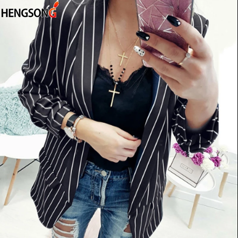 

Ladies Work Blazer Jacket Black White Stripe Office Suits Elegant Women Blazers Fashion Slim Jacket Femme Spring Autumn Cardigan