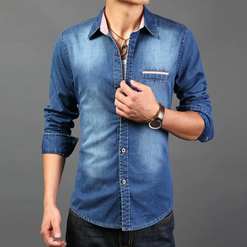 2016 High Quality Long Sleeve Denim Shirts Men Casual