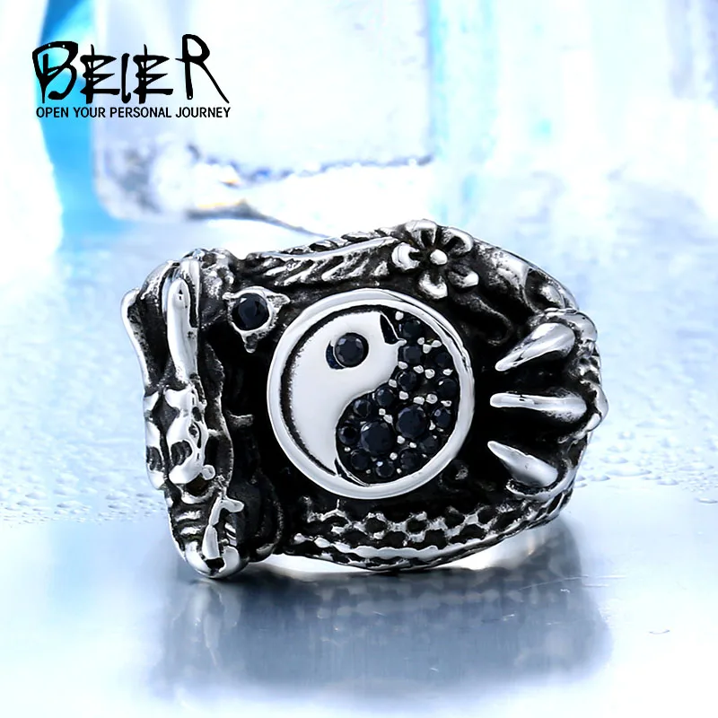 BEIER Personality Stainless Steel CZ Gothic Dragon Animal Ring Exggerated Jewelry Taiji Yinyang Bauag US Size BR8-173